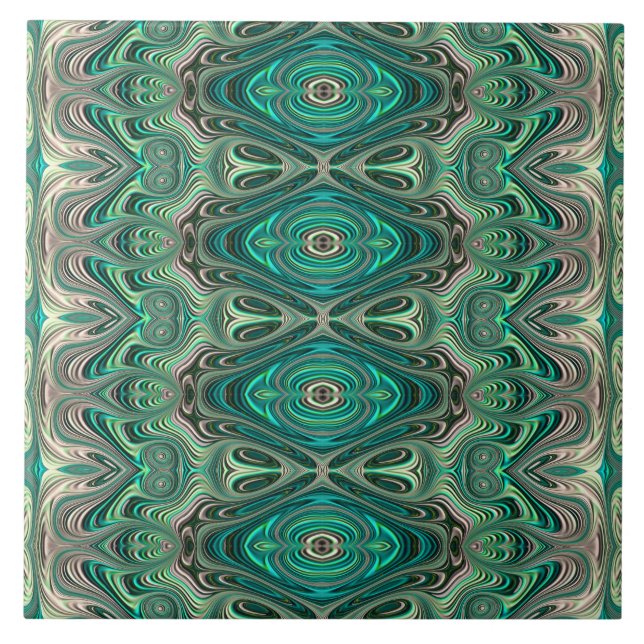 Azulejo De Cerâmica Teal Paua Art Nouveau Fractal Patterno (Frente)