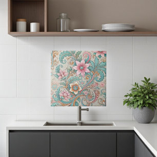 Azulejo De Cerâmica Teal Rosa Boho Batik Indonésio Watercolor Floral