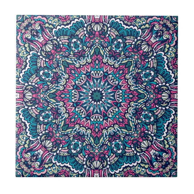 Azulejo De Cerâmica Teal, rosa, verde e vibrante para Marinhos Boho Ma (Frente)