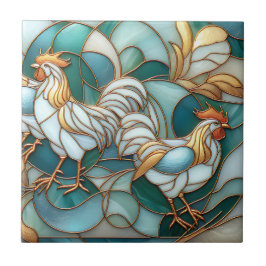 Azulejo De Cerâmica Teal Stained Glass Roosters Elegant Farmhouse