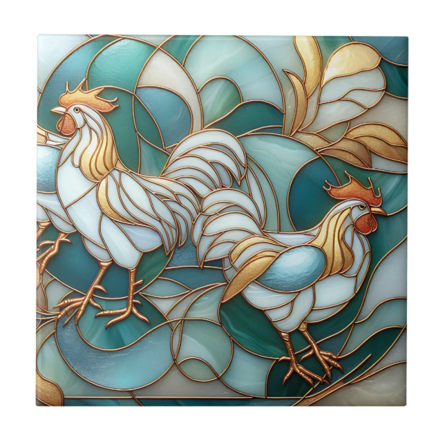 Azulejo De Cerâmica Teal Stained Glass Roosters Elegant Farmhouse (Frente)