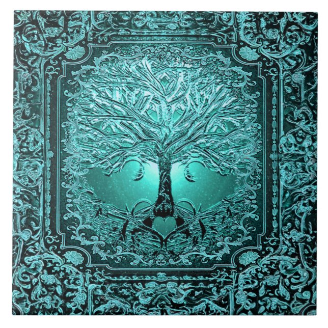 Azulejo De Cerâmica Teal Tree of Life Antiga Rustic (Frente)