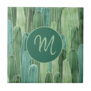 Azulejo De Cerâmica Teal Verde Aquarela Cactos Monograma