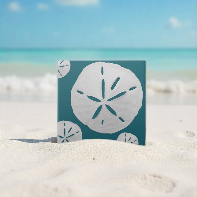 Azulejo De Cerâmica Teal & White Tropical Beach Sand Dollar (Criador carregado)