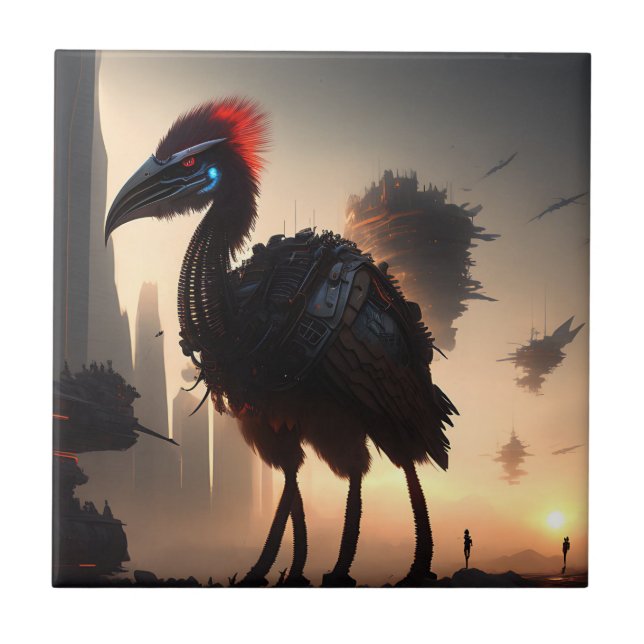 Azulejo De Cerâmica "Techno-Feather: O Futuro Robô Emu" (Frente)