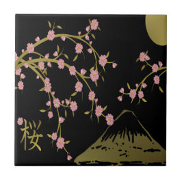 Azulejo De Cerâmica Tela Japonesa Rosa Sakura Dourado Preto