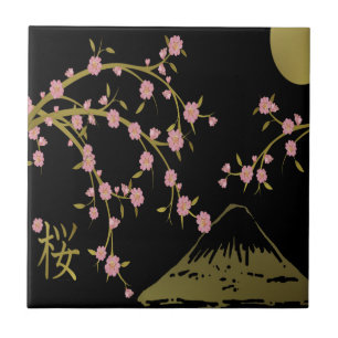 Azulejo De Cerâmica Tela Japonesa Rosa Sakura Dourado Preto