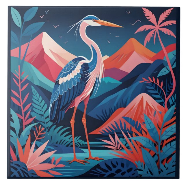 Azulejo De Cerâmica telha de garça de cume neon (Frente)
