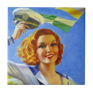 Azulejo De Cerâmica Telhe a mulher feliz retro da senhora da menina