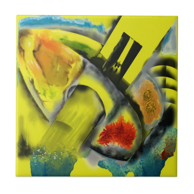 Azulejo De Cerâmica Tempestade - abstrato de Digitas com fundo amarelo (Frente)