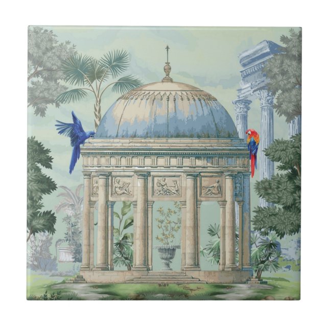 Azulejo De Cerâmica Templo Grego Antigo Jardim Arara Pixie Verde (Frente)