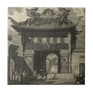 Azulejo De Cerâmica Templo Imperial Asiático em Preto e Branco