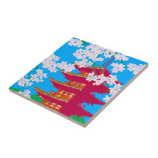 Azulejo De Cerâmica Templo japonês com flor de cerejeira
