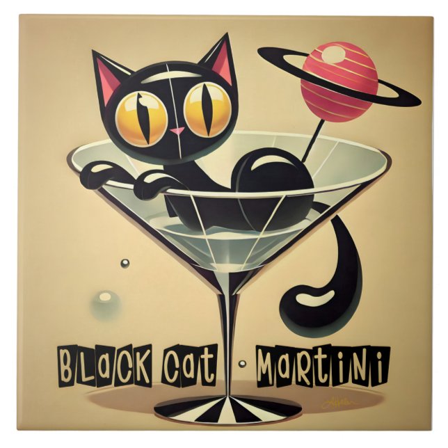 Azulejo De Cerâmica Tempo de Futuro Atômico, Black Cat Martini (Frente)