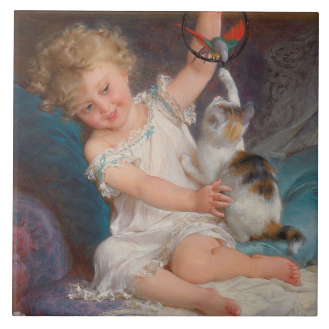 Azulejo De Cerâmica Tempo de Reprodução: Rapariga Brincando com seu Pe (Frente)