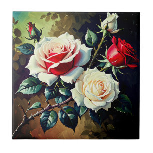 Azulejo De Cerâmica Tendências Lindas rosas vermelhas brancas óleo sob