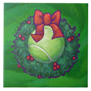 Azulejo De Cerâmica Tênis Ball Christmas Wreath on Green