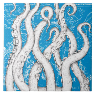 Azulejo De Cerâmica Tentáculos Brancos Octopus Vintage Map Azul Náutic