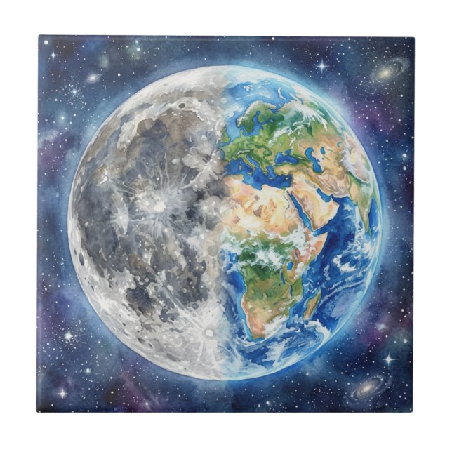 Azulejo De Cerâmica Terra & Lua Aquarela Galáxia Design Celestial (Frente)