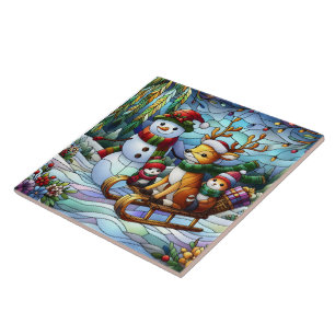 Azulejo De Cerâmica Terra maravilhosa de inverno com boneco de neve e