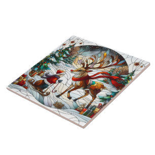 Azulejo De Cerâmica Terra maravilhosa do inverno festivo com uma rena
