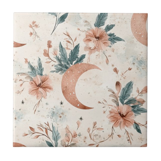 Azulejo De Cerâmica Terracota Creme Floral Celestial Lua Crescente (Frente)