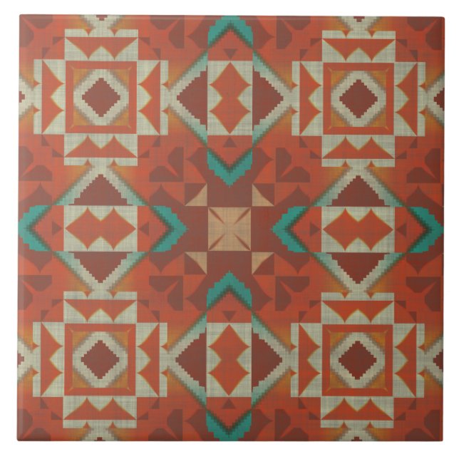 Azulejo De Cerâmica Terracota Laranja Verde Água Turquesa Arte Étnica  (Frente)