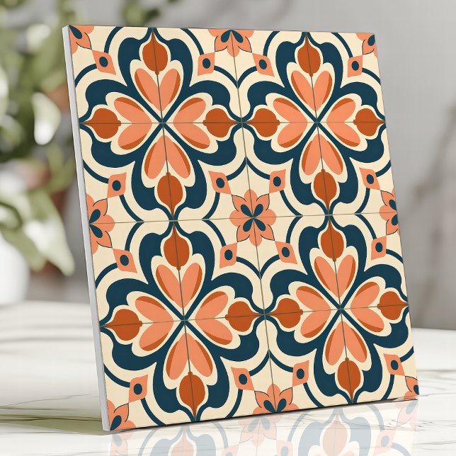 Azulejo De Cerâmica Terracotta Floral Retro e Teal (Criador carregado)