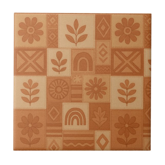 Azulejo De Cerâmica Terracotta Patchwork Quilt Rustic Farmhouse Floral (Frente)