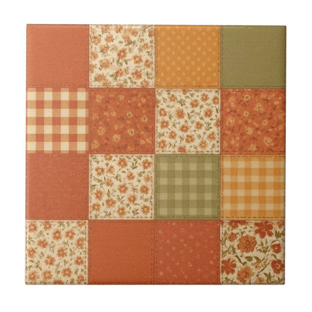 Azulejo De Cerâmica Terracotta Patchwork Quilt Rustic Farmhouse Floral (Frente)