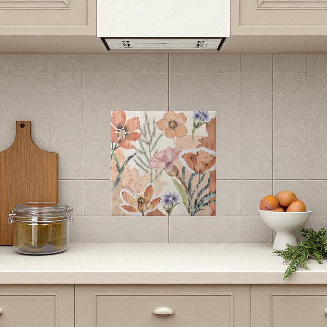 Azulejo De Cerâmica Terracotta Wildflower Rustic Boho Wall Acentos (Terracotta Wildflower Rustic Boho Wall Accent Ceramic Tile)