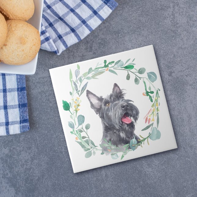 Azulejo De Cerâmica Terrier Dog Watercolor Wreath (Criador carregado)