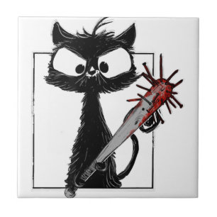 Azulejo De Cerâmica Terror de Beisebol Gato Preto no Halloween
