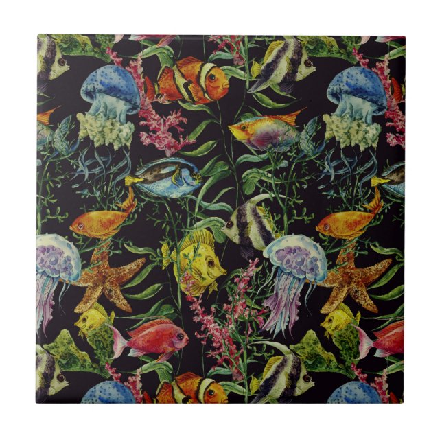 Azulejo De Cerâmica Teste padrão 1 da vida marinha da aguarela (Frente)