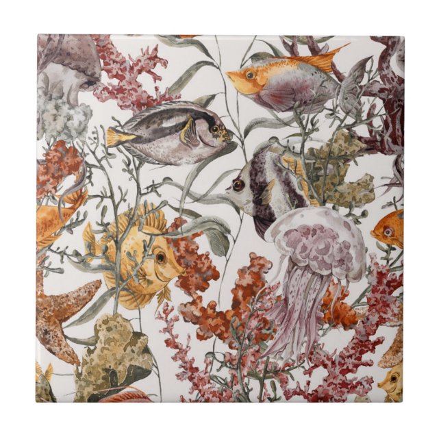 Azulejo De Cerâmica Teste padrão 2 da vida marinha da aguarela (Frente)