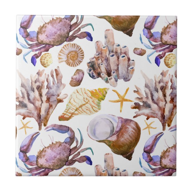 Azulejo De Cerâmica Teste padrão 4 da vida marinha da aguarela (Frente)