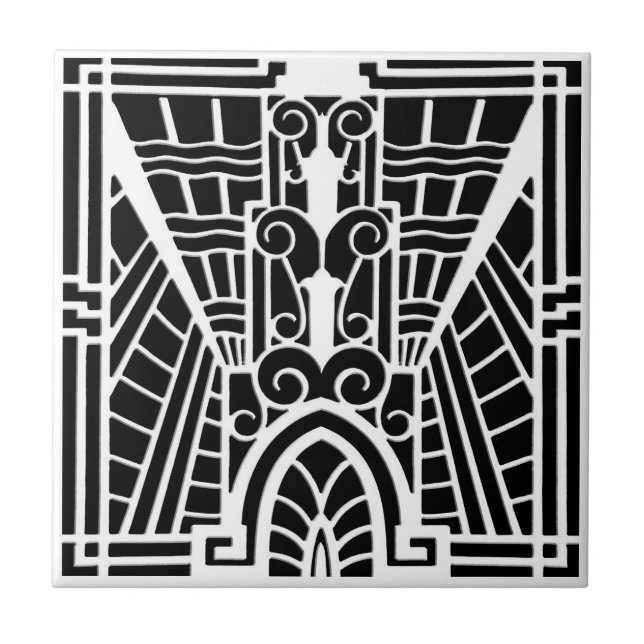 Azulejo De Cerâmica Teste padrão arquitectónico de Deco, preto e (Frente)
