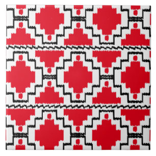 Azulejo De Cerâmica Teste padrão asteca de Ikat - vermelho, preto e