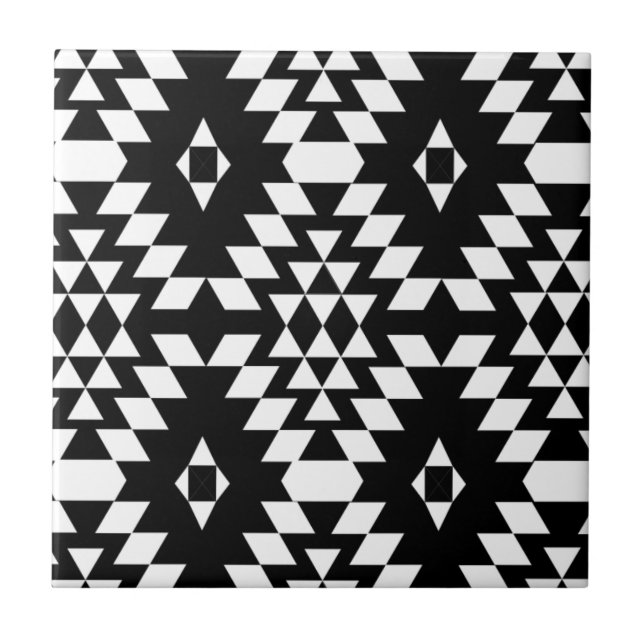 Azulejo De Cerâmica Teste padrão asteca preto & branco (Frente)