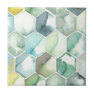 Azulejo De Cerâmica Teste padrão azul & verde de Honycomb do Aquarell