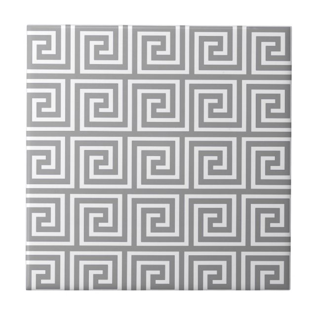 Azulejo De Cerâmica Teste padrão chave grego cinzento e branco (Frente)