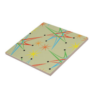 Azulejo De Cerâmica Teste padrão colorido retro atômico de Starburst