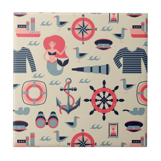 Azulejo De Cerâmica Teste padrão da vida marinha (Frente)