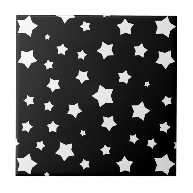 Azulejo De Cerâmica Teste padrão de estrelas preto e branco (Frente)