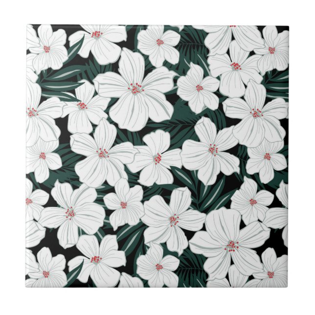 Azulejo De Cerâmica Teste padrão de flores tropical branco (Frente)