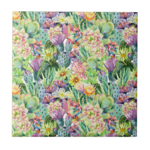 Azulejo De Cerâmica Teste padrão de florescência exótico dos cactos