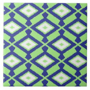 Azulejo De Cerâmica Teste padrão de Ikat - verde, azul de índigo e