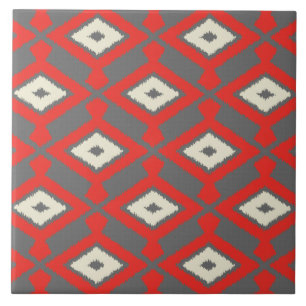Azulejo De Cerâmica Teste padrão de Ikat - vermelho, cinza e bege