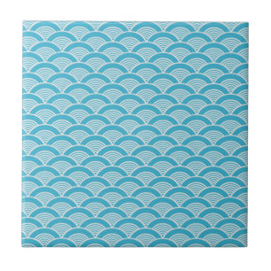 Azulejo De Cerâmica Teste padrão de onda japonês branco azul do Aqua