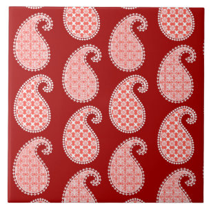 Azulejo De Cerâmica Teste padrão de Paisley, vermelho escuro e branco